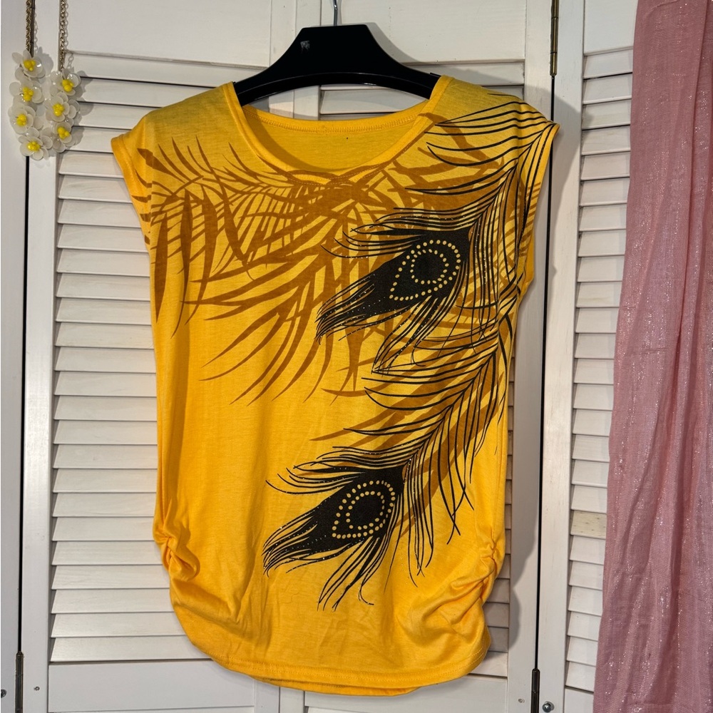 Vibrant Yellow Peacock Feather Print Tee